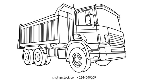 Doodle vector contour, outline dump truck wide angle side and front view. Truck; semitrailer tank. Oil, fuel tanker. Freight, liquid transportation. For coloring book page. Urban cargo transportation