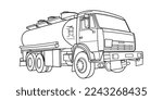 Doodle vector contour, outline tank truck wide angle side and front view. Truck; semitrailer tank. Oil, fuel tanker. Freight, liquid transportation. For coloring book page. Urban cargo transportation