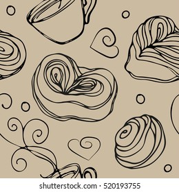 Doodle vector. Cookie and tea seamless pattern. Line vintage icons,sweet elements background for menu,cafe shop. Flat hand drawn collection. Backdrop,fabric,wallpaper