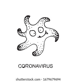 Monstruos de doodle vector Coronavirus o caricaturas SARS-CoV-2. Ilustración de coronavirus dibujada a mano, aislada en fondo blanco