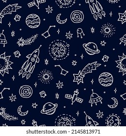 Doodle vector cosmos pattern on blue background. Vector seamless pattern