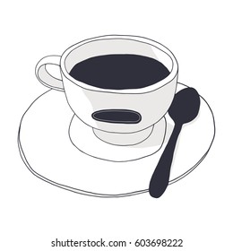 Doodle vector cup of coffee with saucer and spoon on the white background. Cafe illustration 