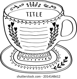 Doodle vector cup of tea with floral design. Cute cartoon illustration