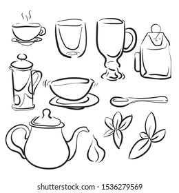 Doodle vector cups set, illustartion of teapots, mugs, spoon and tea