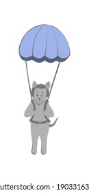Doodle vector, cute dog flies with a parachute over the ground, dog in a pilot's hat. Stock illustration hand drawn in cartoon style, isolated on white background