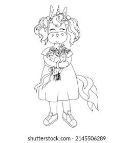 Doodle vector cute unicorn coloring book, coloring page