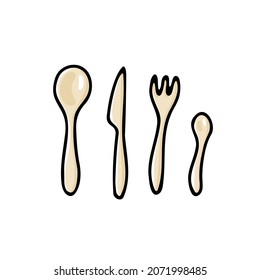Doodle vector cutlery set. Color spoon, fork, knife isolated on white background. Cozy kitchen utensils, cute kitchenware, dishes for dinner, lunch. Hand-drawn table setting, cafe, restaurant sign