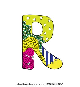 Doodle vector decorative alphabet letter. Nice for fun, decoration and preschool education. Wavy, circle, line, triangle elements. 