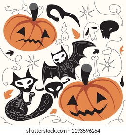 Doodle vector Design elements for Halloween with cute cats, bats and pumpkins.