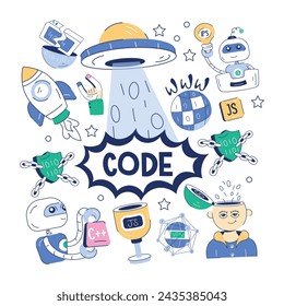 A doodle vector designed with various elements of web services, development data, and robotics 