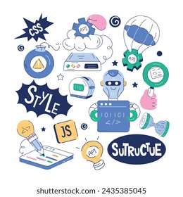 A doodle vector designed with various elements of web services, development data, and robotics 