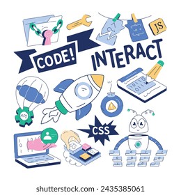 A doodle vector designed with various elements of web services, development data, and robotics 