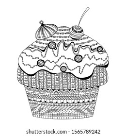 doodle vector of dessert cupcake coloring book for adults vector illustration. Anti-stress coloring for adult. Zentangle style bakery products. Black and white lines cream. Lace pattern cherry