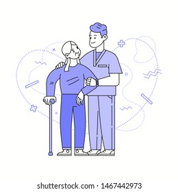 Doodle vector digital illustration - a nurse supports the elderly patient with his hand. Simple background.