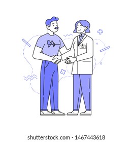 Doodle vector digital illustration - a patient with heart disease thanks doctor. Simple background
