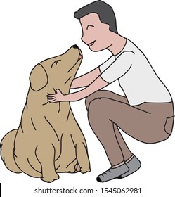 Doodle Vector in dog adoption or love canine concept is isolated and editable stoke. Loyalty cute dog is Labrador or golden retriever pedigree with a handsome man sitting and hugging it with love. 