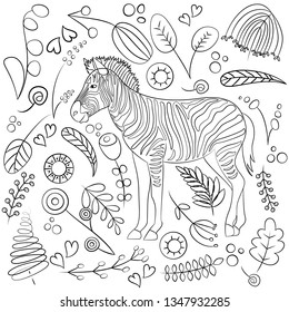 doodle vector drawing African animals zebra and flowers
