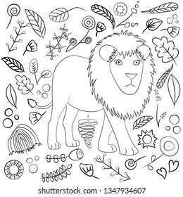doodle vector drawing African animals lion and flowers