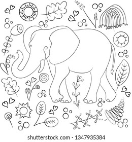 doodle vector drawing african animals elephant and flowers