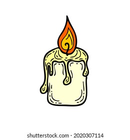Doodle vector drawing of burning candle. Perfect for cards, stickers and prints. Hand drawn illustration for decor and design.