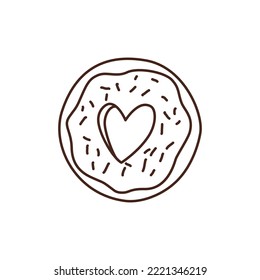 Doodle vector drawing of glazed donut with heart from high view point. Valentines day illustration. Design element for creating valentines, gift tags, greeting cards on Febrary 14.