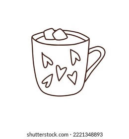 Doodle vector drawing of hot 
chocolate with marshmallows in mug with hearts. Valentines day illustration. Design element for creating valentines, gift tags, greeting cards on Febrary 14.