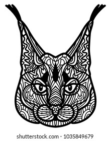 Doodle vector drawing of a prairie lynx head made in zen art style. Illustration isolated on white. Suits as tattoo or logo template, decorative element or coloring book sketch.