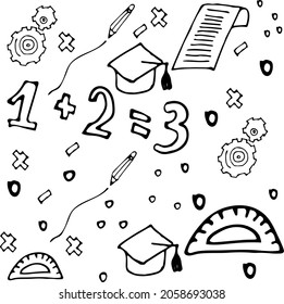 Doodle vector. Doodle education illustration - addition, subtraction, transporter, diploma, confederate. Handmade style elements for design concept. 