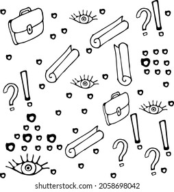 Doodle vector. Education doodle illustration - briefcase, question, exclamation marks, diploma, eye. Handmade style elements for design concept. 