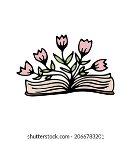 Doodle vector element open magic book with flowers. Hand drawn illustration