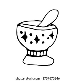 Doodle vector elements about magic mortar. Hand drawn illustration with esoteric symbols. Isolated on white backdrop.