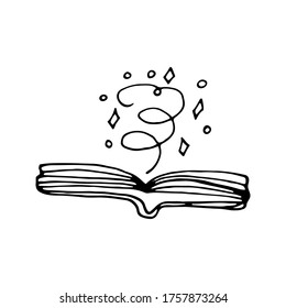 Doodle vector elements about magic book with glow. Hand drawn illustration with esoteric symbols. Isolated on white backdrop.