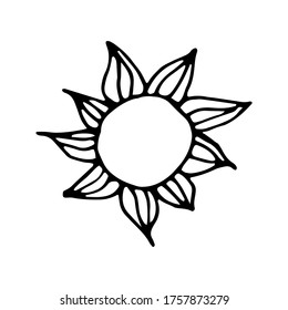Doodle vector elements about magic sun. Hand drawn illustration with esoteric symbols. Isolated on white backdrop.
