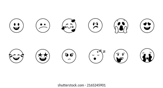 Doodle vector emodji set. Hand drawn face expressions, happy, sad mood. Different mood. Positive, negative human feelings. Vector illustration.