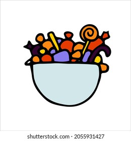 Vector de Doodle festividad dulces lindos en un cubo. Caramelos a color, pasteles, palitos de menta sobre fondo blanco. Postre hecho a mano para fiesta infantil, Halloween, truco o regalo, Pascua, cumpleaños, Navidad