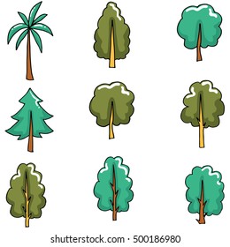 Doodle of vector flat tree set illustration