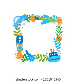 Doodle vector floral elements and different toys frame for boys. Square photo frame for children. Cute design for greeting cards or posters.