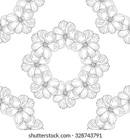 Doodle vector flower  seamless pattern. Black and white print with leaves and flowers. Monochrome outline background.