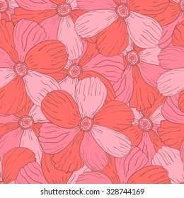 Doodle vector flower seamless pattern. Black and white print with leaves and flowers. Monochrome outline background.