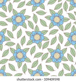 Doodle vector flower seamless pattern. Color print with leaves and flowers. Cute outline background.