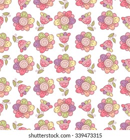 Doodle vector flower seamless pattern. Color print with leaves and flowers. Cute outline background.