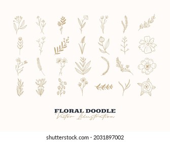 Doodle vector flowers set. Hand drawn Decorative elements for design. Ink, vintage and rustic styles.