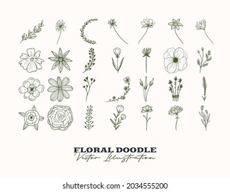 Doodle vector flowers set. Hand drawn Decorative elements for design. Ink, vintage and rustic styles.