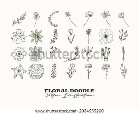 Doodle vector flowers set. Hand drawn Decorative elements for design. Ink, vintage and rustic styles.
