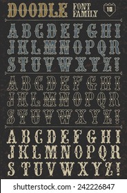 Doodle vector font family 10 on dark. Alphabet.