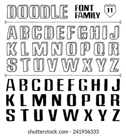 Doodle vector font family 11 on dark. Black and white. Alphabet.
