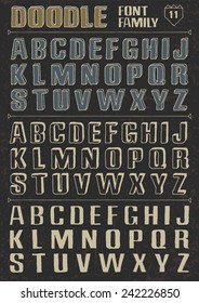 Doodle vector font family 11 on dark. Alphabet.