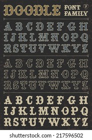 Doodle vector font family 7 on dark. Alphabet.