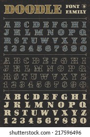 Doodle vector font family 9 on dark. Alphabet.