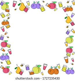 Marco vectorial de Doodle con ilustraciones de frutas frescas y jugos, borde colorido brillante para lata o maceta de jugo, ilustración de comida para bebé, dibujo infantil de frutas, borde decorativo para etiquetas, iconos
